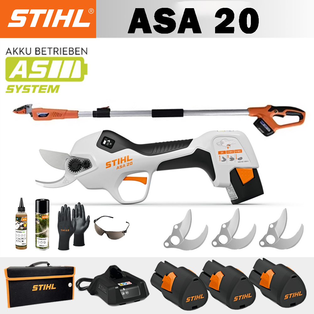 【STIHL】ASA20*1, bateria de lítio*3, caixa de armazenamento*1, lâmina*3, carregador*1, haste telescópica*1